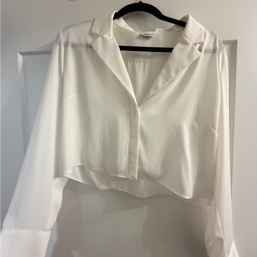 Silky White Cropped Button-Front Blouse - Women Tops